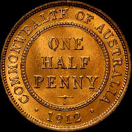 Australia 1912 H Halfpenny | NGC MS 66. The private Heaton Mint in Birmingham was sub-contracted by the Royal Mint to strike the entire mintage of Australian halfpennies in 1912 and 1915 and in 1914 it struck coins in conjunction with the London Mint. The halfpennies struck in Birmingham were all distinguished by an 'H' mint mark. Source: NGC.