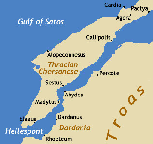 Sestos and Abydos lie on opposing sides of the Hellespont strait. Dorieo21 / http://creativecommons.org/licenses/by-sa/3.0/deed.en