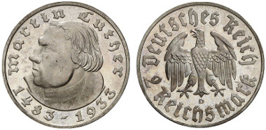 German Empire. 2 reichsmark 1933 D. Luther. J. 352. Proof. From auction sale Künker 234 (2013), 5634.