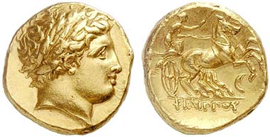 Gold stater of Philipp II, minted posthumously 336-328 in Amphipolis. From auction Lanz 148 (2010), 22.
