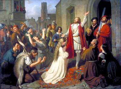 Johann Karl Ulrich Bähr, Jan van Leiden baptising a girl during the Münster Rebellion, 1840. Source: Wikicommons.