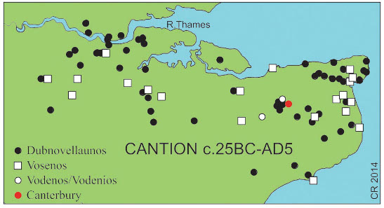 Vodenos Dragons coin was found near Canterbury. Recorded findspots of Vosenos coins (all gold) are scattered across north Kent with a cluster in east Kent, as are Cantian coins of Dubnovellaunos (all metals). Source: CCI.