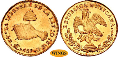 1912: MEXICO, Primera República. 1823-1863. AV 4 Escudos. Ciudad de México mint. Dated 1857/6 Mo GF. KM 381.6. Estimate $6,000.