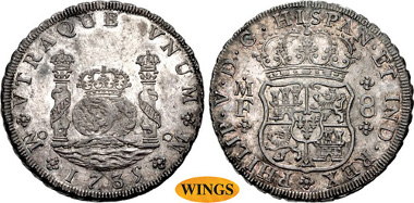 1872: MEXICO, Colonial. Felipe V. King of Spain, second reign, 1724-1746. AR 8 Reales. Ciudad de México mint. Manuel de Léon and Francisco de la Peña y Flores, assayers. Dated 1735 Mo MF. KM 103. The first type of Mexico Pillar struck for circulation. Estimate $3,000.