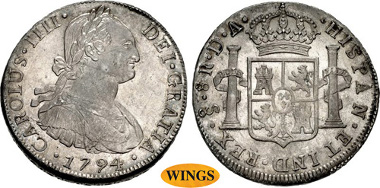 1329: CHILE, Colonial. Carlos IV. King of Spain, 1788-1808. AR 8 Reales. Santiago mint. Domingo Eizaguirre and Augustin de Infante y Prado, assayers. Dated 1794 So DA. KM 51. Estimate $5,000.