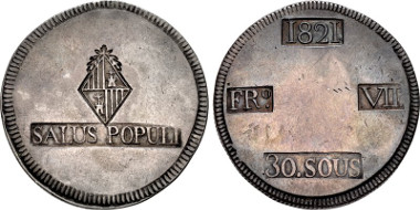 921: SPAIN, Reino de España. Fernando VII. Second reign, 1813-1833. AR 30 Sueldos. Provincial issue for the Yslas Baleares (Balearic Islands). Majorca mint. Dated 1821. KM (C) L53.1. Estimate $300.