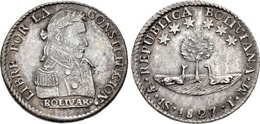 1171: BOLIVIA, Republic. 1825-present. AR Sol. Potosí mint. Juan Palomo y Sierra and Diego Miguel Lopez, assayer. Dated 1827 PTS JM. KM 94; C 52. Estimate $750.