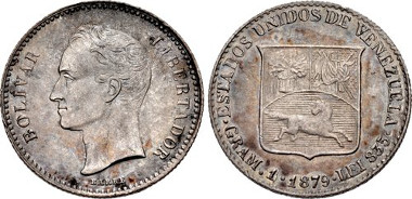 2178: VENEZUELA, Republic. 1830-present. AR 1/5 Bolivar. Brussels mint. Dated 1879. Crude letters. KM (Y) 19.1. Estimate $4,000.