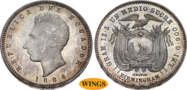 1661: ECUADOR, Republic. 1830-pres. Specimen AR 1/2 Sucre. Heaton (Birmingham) mint. Dated 1884. KM 52. Estimate $3,000.