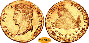 1218: BOLIVIA, Republic. 1825-present. AV 8 Escudos. Potosí mint. Fortunato Equivar, assayer. Dated 1852 PTS FP. KM 115. Estimate $10,000.