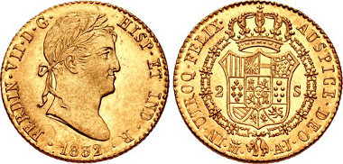 915: SPAIN, Reino de España. Fernando VII. Second reign, 1813-1833. AV 2 Escudos. Madrid mint. Antonio Rafael Narváez and José Duro Carcés, assayers. Dated 1832 M AJ. KM 483.1. Estimate $600.