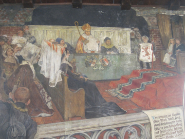 Betrothal of Mary of Jülich-Berg and John the Peaceful of Cleves-Mark. Historicizing painting at Burg Castle. Photograph: UK.