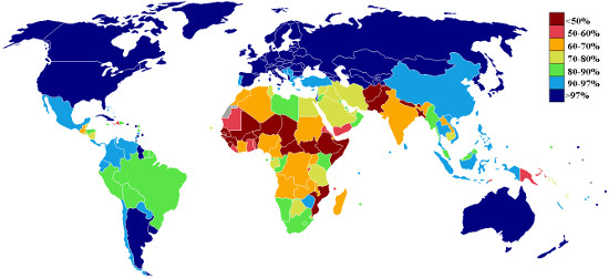Literacy rate by country. Source: Andrew pmk / http://creativecommons.org/licenses/by-sa/3.0/deed.en