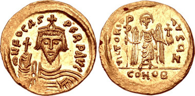 Gold Solidus of Phocas, struck between 603-607 at Constantinople. Ex CNG 87 (18 May 2011), lot 1216.