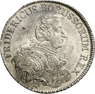 Lot 2738: PRUSSIA. Frederick II (1740-1786). Prussian reichsthaler 1752 C, Cleve. Dav. 2584. Extremely rare in this grade. About proof-like. Estimate: 4,000,- euros. Hammer price: 34,000,- euros.