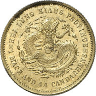 Lot 460: CHINA. Prägeanstalt Otto Beh, Esslingen. Heilongjiang Province. Pattern of 20 cents (1 mace, 4.4 candareens) n. d. (1897) in brass. Unpublished. About proof-like. Estimate: 5,000,- euros. Hammer price: 75,000,- euros.