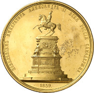 Lot 4151: RUSSIA. Alexander II (1855-1881). Gold medal 1859 by P. Brusnitsyn on the erection of the monument for Nicholas I in St. Petersburg. Diakov 681.1. Very rare. Extremely fine to proof-like. Estimate: 75,000,- euros. Hammer price: 100,000,- euros.