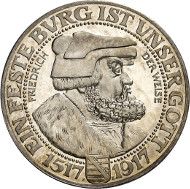 Lot 4705: IMPERIAL COINAGE. Saxony. Frederick August III (1904-1918). 3 mark 1917 E. On the 400th Jubilee of the Reformation. J. 141. Very rare. Proof. Estimate: 60,000,- euros. Hammer price: 67,000,- euros.