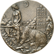 Pisanello (1395-1455), medal of 1447 on behalf of Cecilia Gonzaga (1424-1451). Reverse: A half-dressed maid taming a unicorn by imposing her hands in a moon scenery. Copyright: Münzkabinett der Stadt Winterthur, Photograph: Lübke & Wiedemann, Stuttgart.