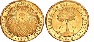 Lot 1540: COSTA RICA, Central American Republic. 1828-CR F 8 Escudos. San José mint. KM 17; Cr 10; Friedberg 1. In NGC encapsulation graded AU 58. Very choice AU, with very lustrous surfaces and just a hint of orange peel toning. Good strike and nice surfaces grace this specimen. Realized $42,500 (without buyer's fee) against an estimate of $10,000.
