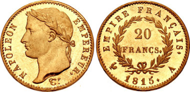 Lot 367: FRANCE, Premier Empire. Napoléon I. 1815-A Proof 20 Francs Cent Jours (Hundred Days) issue. Paris mint. VG 1025a; KM 705.1; cf. Friedberg 522 (for business strike). In NGC encapsulation graded PF 65 Cameo WINGS APPROVED. Realized $55,000 (without buyer's fee) against an estimate of $10,000.