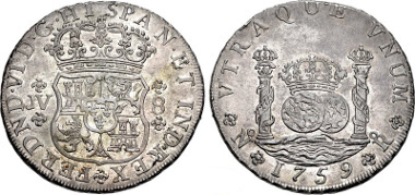Lot 1423: COLOMBIA, Colonial. Fernando VI. King of Spain. 1759-No Ro JV 8 Reales. Nuevo Reino (Santa Fé de Bogotá) mint. Juan de Chávez and Victoriano del Valle y Mendoza, assayers. KM 33; Gilboy SF-8-1. In NGC encapsulation graded MS 62 WINGS APPROVED. Very lustrous toned uncirculated. One of the rarest coins of colonial Spain, and one of the most sought after coins of the Colombian royal series. Realized $95,000 (without buyer's fee) against an estimate of $60,000.