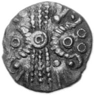 2. Moon Horns silver half unit, 11mm, 0.42g, c.50-30 BC, ABC 956. Found near Chichester, 13.10.1998, and attributed to the Belgae.