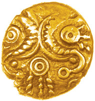 3. For 500 years surrealistic hidden faces were a common feature of Iron Age art. The coin's bearded head is not dissimilar in style to one on a bronze flagon, c.450 BC, from Basse-Yutz, NE France. Picture (flagon detail) by Paul Jacobsthal, Early Celtic Art, OUP 1969, pl.381b, © The British Museum.