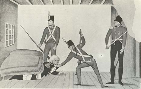 Bligh is being arrested - propagandist caricature portraying Bligh as a coward. Sydney in 1808. State Library of New South Wales. Photo: Wikipedia.