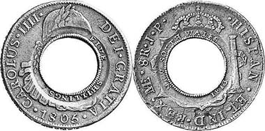 Holey dollar and dump - or how to turn one coin into two. Photo: Holey dollar - Leu Numismatik AG 89 (2003), 466, dump - Spink 194 (2007), 194.
