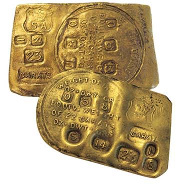 Gold ingot produced under government supervision. It was not Australia's first currency but at least a precursor. Only eight of these rare precious objects have survived. Photo: Royal Australian Mint.