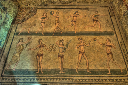 A view of the 'Bikini Girls' mosaic at the Piazza Armerina in Sicily (contemporary to this magazine's 'AD 302' publication date).