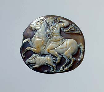 Cameo: Alexander hunting boar, Italy. 1st century AD Sardonyx, 2 x 2.2 cm. ©State Hermitage Museum, St Petersburg.