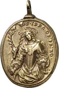 3243: Fischingen Abbey (Thurgau). Cast bronze pendant, gilded, upright oval. Augsburg, end of 17th cent., Jakob Neuss. Half-length portrait of St. Idda in the garment of a countess, a deer to her l., signature IN above the l. hand. Rev. half-length portrait of St. Benedict, kneeling and praying, shield above, to the r. of his sleeve signature IN. 33.8x29.8 mm. SNR 28 (1941), 39, 6var. Very fine to extremely fine. Estimate: 100 euros.