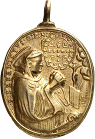 3243: Fischingen Abbey (Thurgau). Cast bronze pendant, gilded, upright oval. Augsburg, end of 17th cent., Jakob Neuss. Half-length portrait of St. Idda in the garment of a countess, a deer to her l., signature IN above the l. hand. Rev. half-length portrait of St. Benedict, kneeling and praying, shield above, to the r. of his sleeve signature IN. 33.8x29.8 mm. SNR 28 (1941), 39, 6var. Very fine to extremely fine. Estimate: 100 euros.