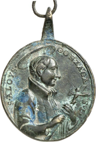 3002: St. Aloysius Gonzaga. Cast bronze pendant, upright oval, Italy, 18th century. Half-length portrait with crucifix r. Rev. heart of Christ with crown of thorns and cross, loop and ring. 28 x 27 mm. Fine to very fine. Estimate: 50 euros.
