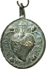 3002: St. Aloysius Gonzaga. Cast bronze pendant, upright oval, Italy, 18th century. Half-length portrait with crucifix r. Rev. heart of Christ with crown of thorns and cross, loop and ring. 28 x 27 mm. Fine to very fine. Estimate: 50 euros.