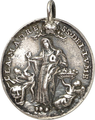3276: Palermo, Santa Maria del Lume. Cast silver pendant, upright oval, 17th cent. Crowned Virgin with Child, adjacent a putto with a basket filled with hearts, below to the l. a man putting his foot in the jaws of a lion. Rev. St. Agrippina of Mineo with tower, book and cross, holding the devil lying on the ground on a chain. 29.8 x 26.9 mm. Very fine. Estimate: 100 euros.