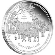 2015 Year of the Goat Silver Proof Coin. Available as ½oz, 1oz and 1 kilo or as Three-Coin Set (2oz, 1oz & ½oz):
Australia/ 30 AUD/ 32.151oz Silver 99.9/ 1003.002 g/ 100.6 mm/ Designer: Natasha Muhl/ Mintage: 500 //
Australia/ 2 AUD/ 2oz Silver 99.9/ 55.6 mm/ Designer: Natasha Muhl/ Mintage: 2,000 //
Australia/ 1 AUD/ 1oz Silver 99.9/ 45.6 mm/ Designer: Natasha Muhl/ Mintage: 8.500 //
Australia/ 0.50 AUD/ ½oz Silver 99.9/ 36.6 mm/ Designer: Natasha Muhl/ Mintage: 9,000.