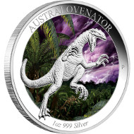 Australian Age of Dinosaurs - Australovenator 2014 1oz Silver Proof Coin.
Australia/ 1 AUD/ 1oz Silver 99.9/ 31.135 g/ 40.6 mm/ Designer: Tom Vaughan/ Mintage: 5,000.