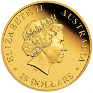 2014 Australia Koala ¼oz Gold Proof Coin.
Australia/ 25 AUD/ ¼oz Gold 99.99/ 7.777 g/ 20.6 mm/ Designer: Michael Guilfoyle/ Mintage: 1,000.