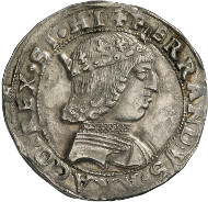 Ferdinand I of Aragón, King of Naples (1458-1494). Coronato, Naples. Armour-clad bust of Ferdinand with crown, turning to the right. Rv. Archangel Michael, slaying the dragon. © MoneyMuseum, Zurich.