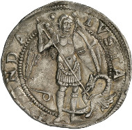 Ferdinand I of Aragón, King of Naples (1458-1494). Coronato, Naples. Armour-clad bust of Ferdinand with crown, turning to the right. Rv. Archangel Michael, slaying the dragon. © MoneyMuseum, Zurich.