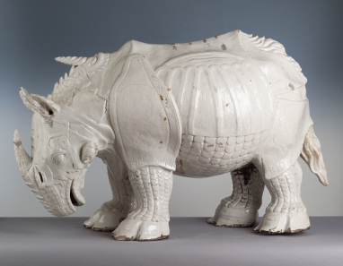 Porcelain rhinoceros based on Dürer's print. Made by Johann Gottlieb Kirchner, Meissen factory, 1730. Porzellansammlung, Staatliche Kunstsammlungen Dresden. Photo: Herbert Jäger.