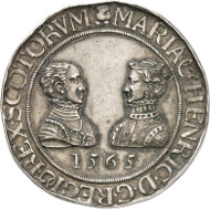 Lot 2246: SCOTLAND, Mary ( 1542-1567). Silver medal, 1565 (on her wedding with Henry Stuart, Lord Darnley on July 29). Hawkins p. 115. 44. Very rare. Very fine. Estimate: 750,- euros. Hammer price: 9,500,- euros.