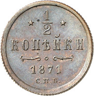 Lot 5899: RUSSIA. Alexander II (1855-1881). Co.-1/2 kopek, 1871, St. Petersburg. Bitkin 547 (R3). Ex Antonin Prokop Coll. 6 (2002), 331. Of utmost rarity. About uncirculated. Estimate: 5,000,- euros. Hammer price: 42,000,- euros.