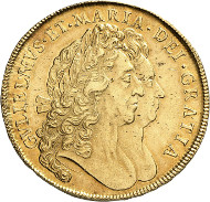 Lot 6634: GREAT BRITAIN. William III and Mary (1688-1694). 5 guineas, 1692, London. Fb. 299. Acquired from Leu, Zurich 1999. Extremely fine. Estimate: 6,000,- euros. Hammer price: 60,000,- euros.