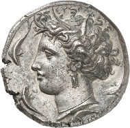 Lot 8103: SYRACUSE. Dekadrachm, after 405 B. C., signed by Euainetos. Gallatin R.IV/C.X. Extremely fine. Estimate: 35,000,- euros. Hammer price: 65,000,- euros.