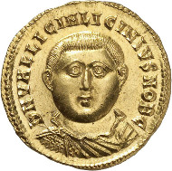 Lot 9099: LICINIUS II (317-324). Aureus, 321/322, Nicomedia. RIC 42. Very rare. Extremely fine. Estimate: 60,000,- euros. Hammer price: 77,500,- euros.