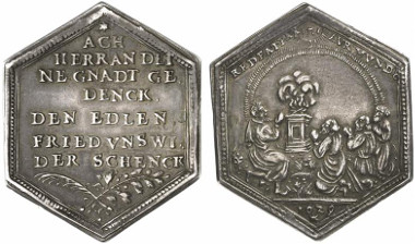 Silver medal on the Treaty of Lübeck. Rev.: four men humbly kneeling for prayer in front of an altar. Künker 183 (2011), 2916.